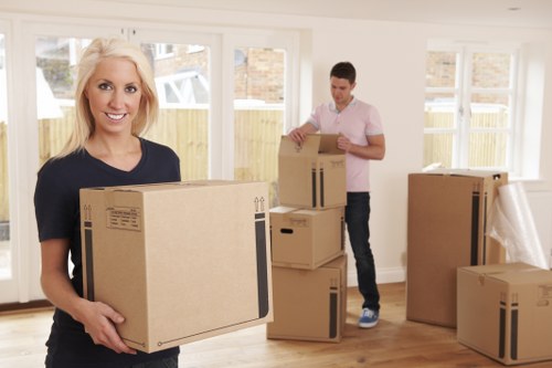 Packed office items ready for transport during a Kingston move